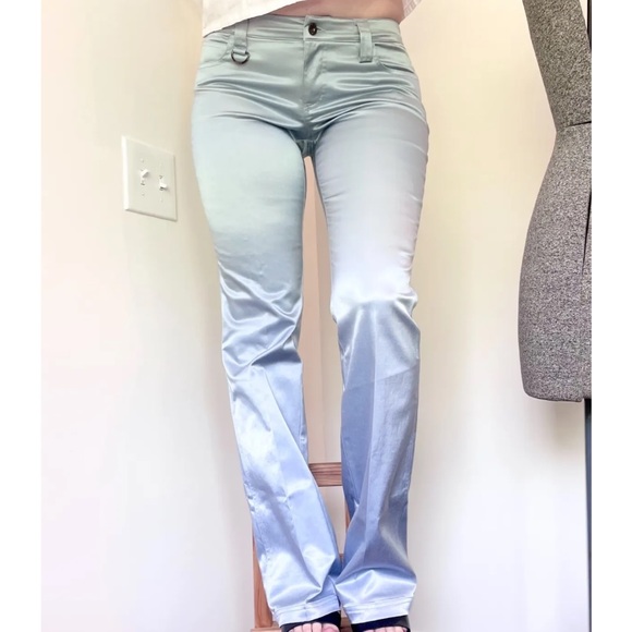 2000s era Y2K satin pants baby blue Guess flare low rise pants - Picture 2 of 8